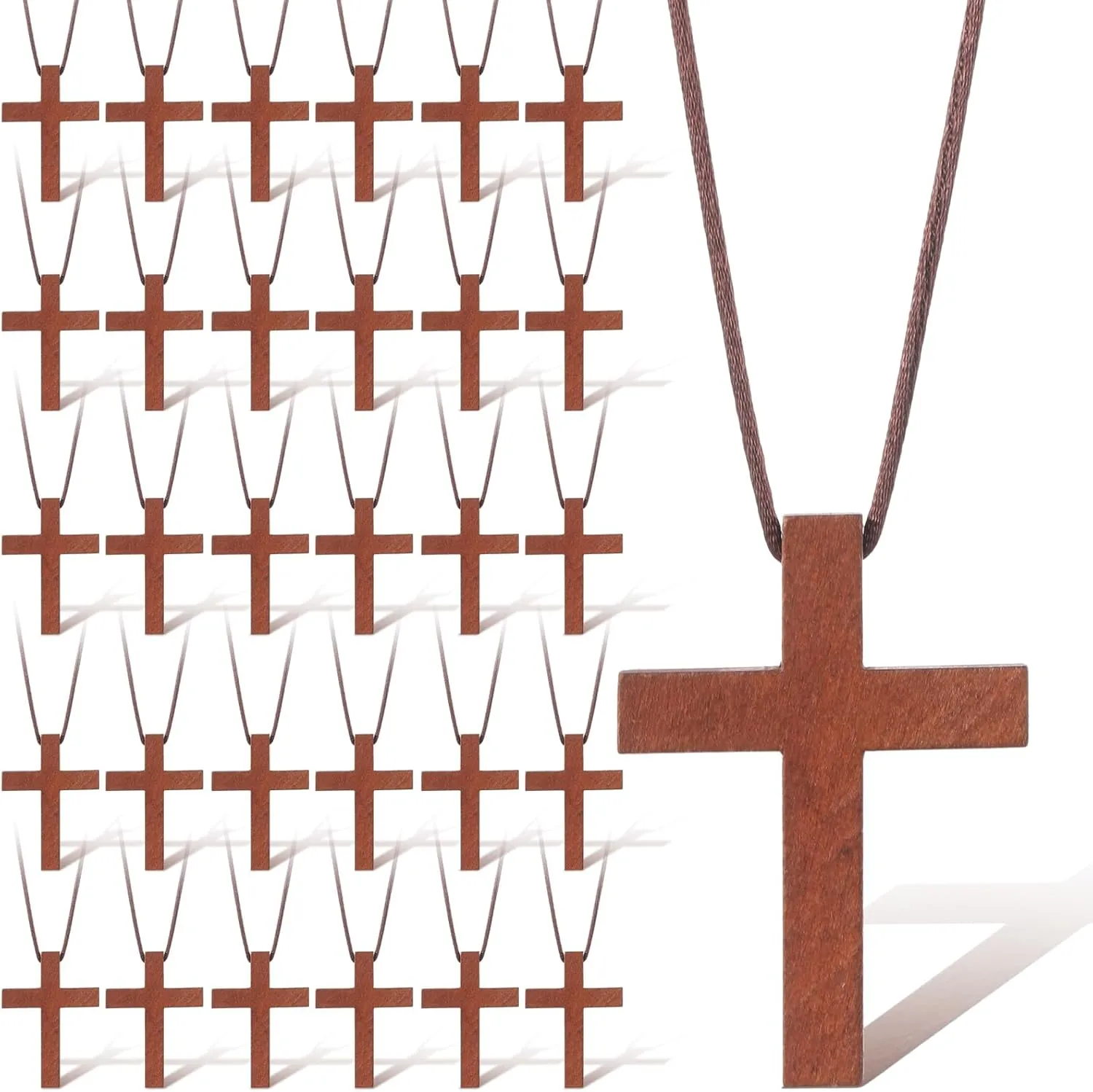 30 Pcs Wood Cross Necklace Bulk for Men Women Christian Gifts Bulk Wooden Crucifix Pendant for Church Car Mirror Small Wooden Craft Gifts Crosses for Bible Verse Easter Party Favor