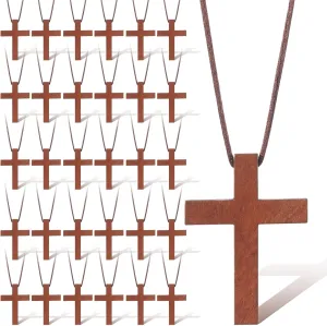 30 Pcs Wood Cross Necklace Bulk for Men Women Christian Gifts Bulk Wooden Crucifix Pendant for Church Car Mirror Small Wooden Craft Gifts Crosses for Bible Verse Easter Party Favor