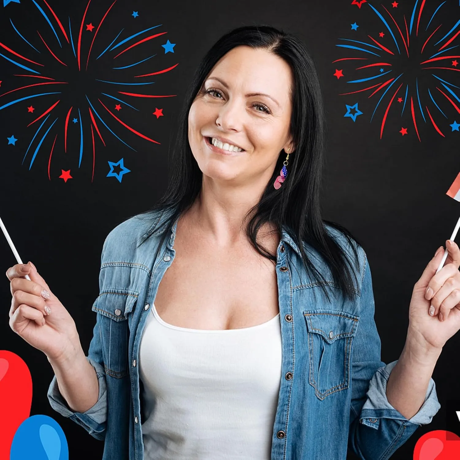 4th of July Earrings for Women Independence Day Hoop Earrings Glitter Firework Patriotic Earrings Red White Blue Earrings Lightweight USA Flag Earrings Jewelry