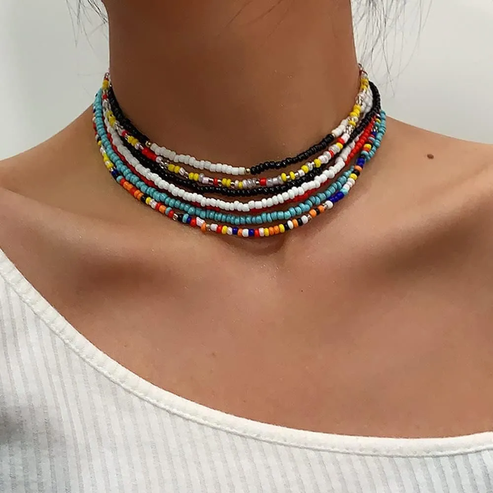 7 Pieces Rainbow Beads Chokers Tiny Seed Beaded Necklaces Glass Beads Bohemain Jewelry for Summer Vacation Minimalist