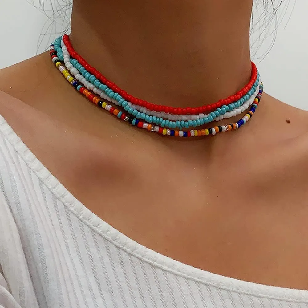 7 Pieces Rainbow Beads Chokers Tiny Seed Beaded Necklaces Glass Beads Bohemain Jewelry for Summer Vacation Minimalist