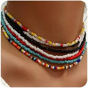 7 Pieces Rainbow Beads Chokers Tiny Seed Beaded Necklaces Glass Beads Bohemain Jewelry for Summer Vacation Minimalist
