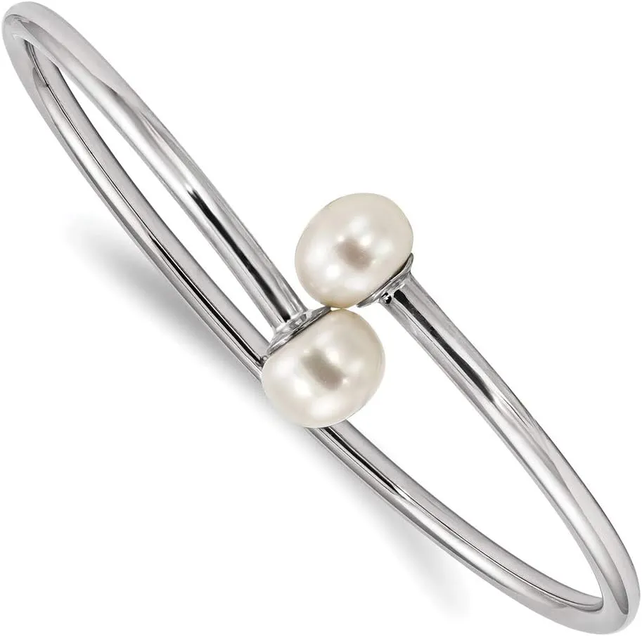 925 Sterling Silver 9-10mm White Freshwater Cultured Pearl Flexible Cuff Bangle Bracelet