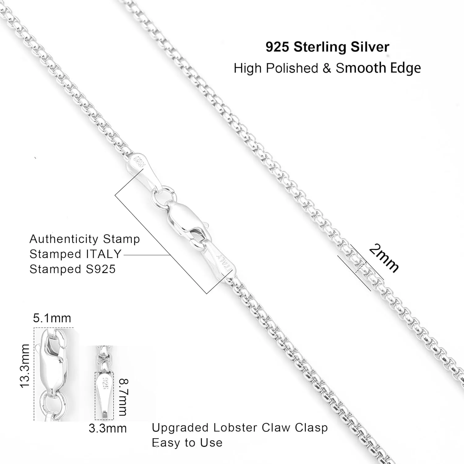 925 Sterling Silver Box Chain Lobster Clasp 2/3/4/5mm Necklace for Women Mens Box Chain Silver/18K Gold Necklace Chain Diamond Cut 16-30 Inches