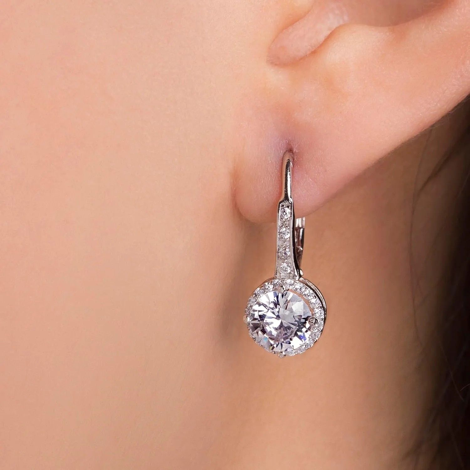 925 Sterling Silver Cubic Zirconia Halo Leverback Dangle Bridal Earrings for Women