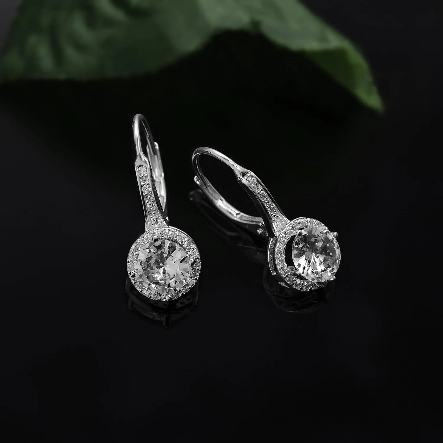 925 Sterling Silver Cubic Zirconia Halo Leverback Dangle Bridal Earrings for Women