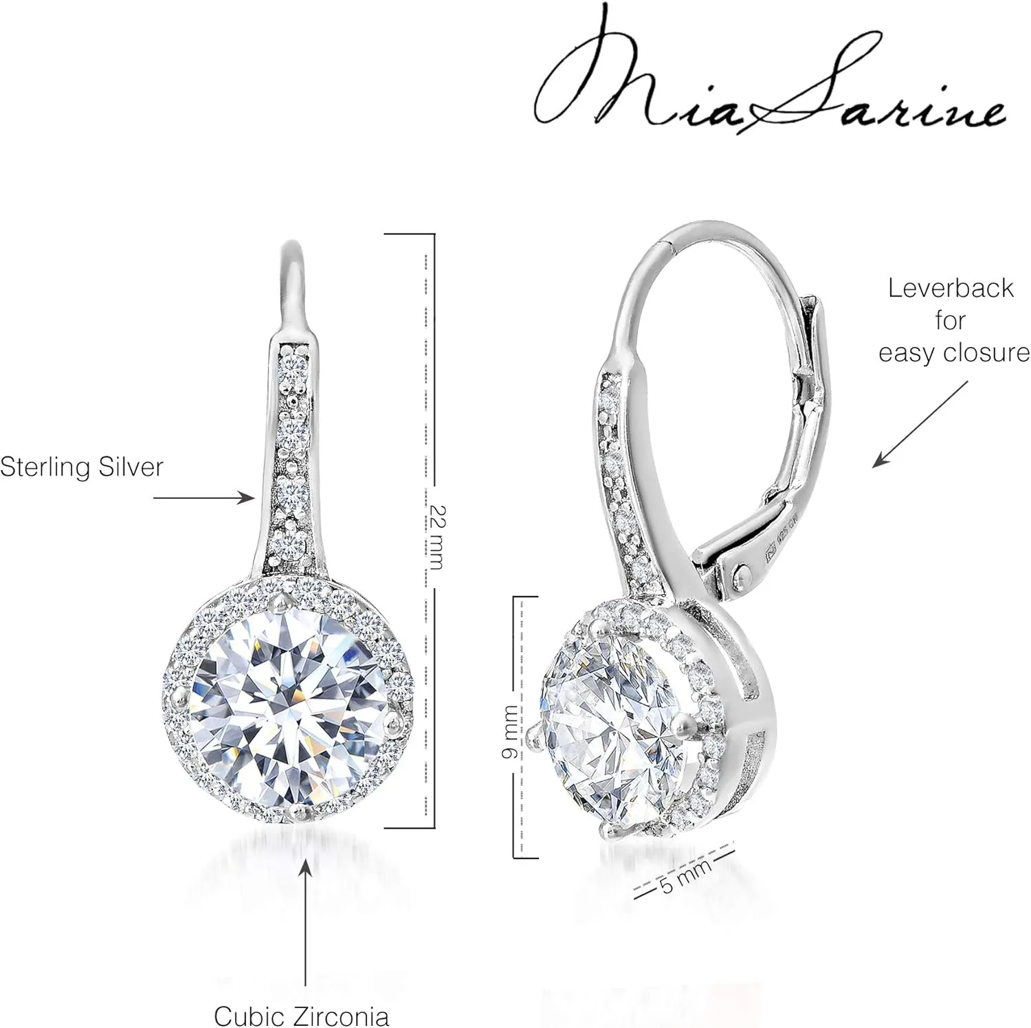 925 Sterling Silver Cubic Zirconia Halo Leverback Dangle Bridal Earrings for Women
