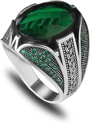 925 Sterling Silver Men's Emerald Stone Ring, Handmade Green Stone Ring for Men, Silver Gemstone Ring, Silver Ring with Emerald Stone, Men's Silver Ring, Gift for Him, Gift for Men, KSR-040