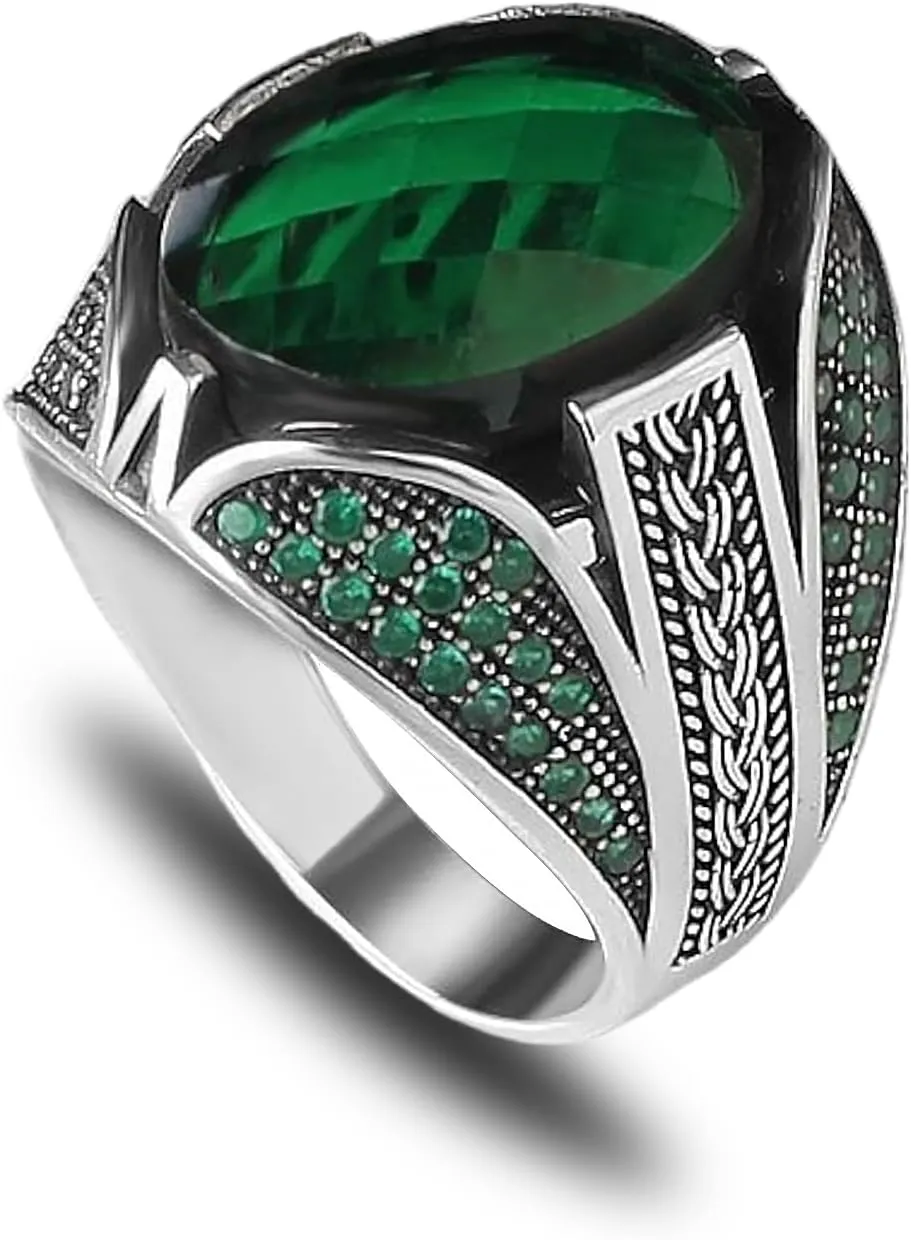 925 Sterling Silver Men's Emerald Stone Ring, Handmade Green Stone Ring for Men, Silver Gemstone Ring, Silver Ring with Emerald Stone, Men's Silver Ring, Gift for Him, Gift for Men, KSR-040