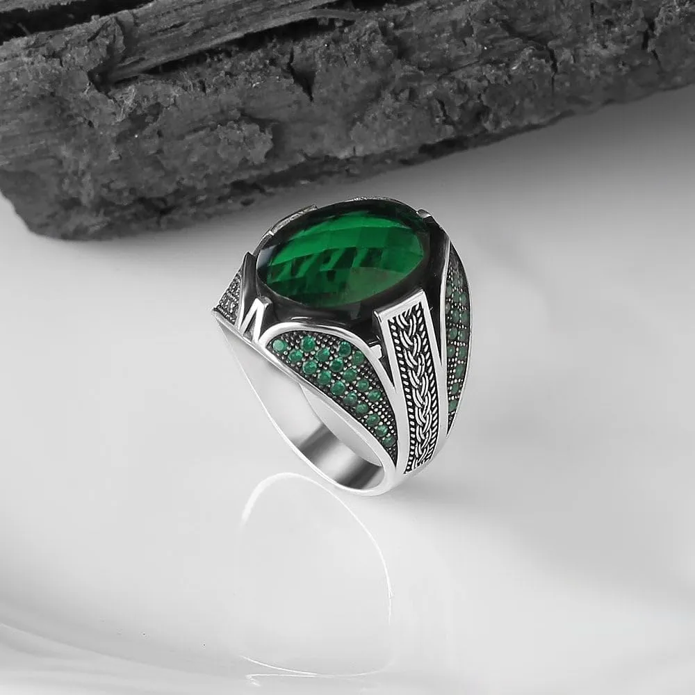 925 Sterling Silver Men's Emerald Stone Ring, Handmade Green Stone Ring for Men, Silver Gemstone Ring, Silver Ring with Emerald Stone, Men's Silver Ring, Gift for Him, Gift for Men, KSR-040