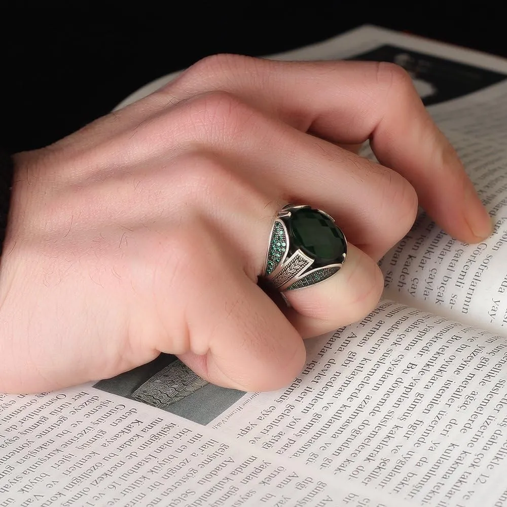 925 Sterling Silver Men's Emerald Stone Ring, Handmade Green Stone Ring for Men, Silver Gemstone Ring, Silver Ring with Emerald Stone, Men's Silver Ring, Gift for Him, Gift for Men, KSR-040