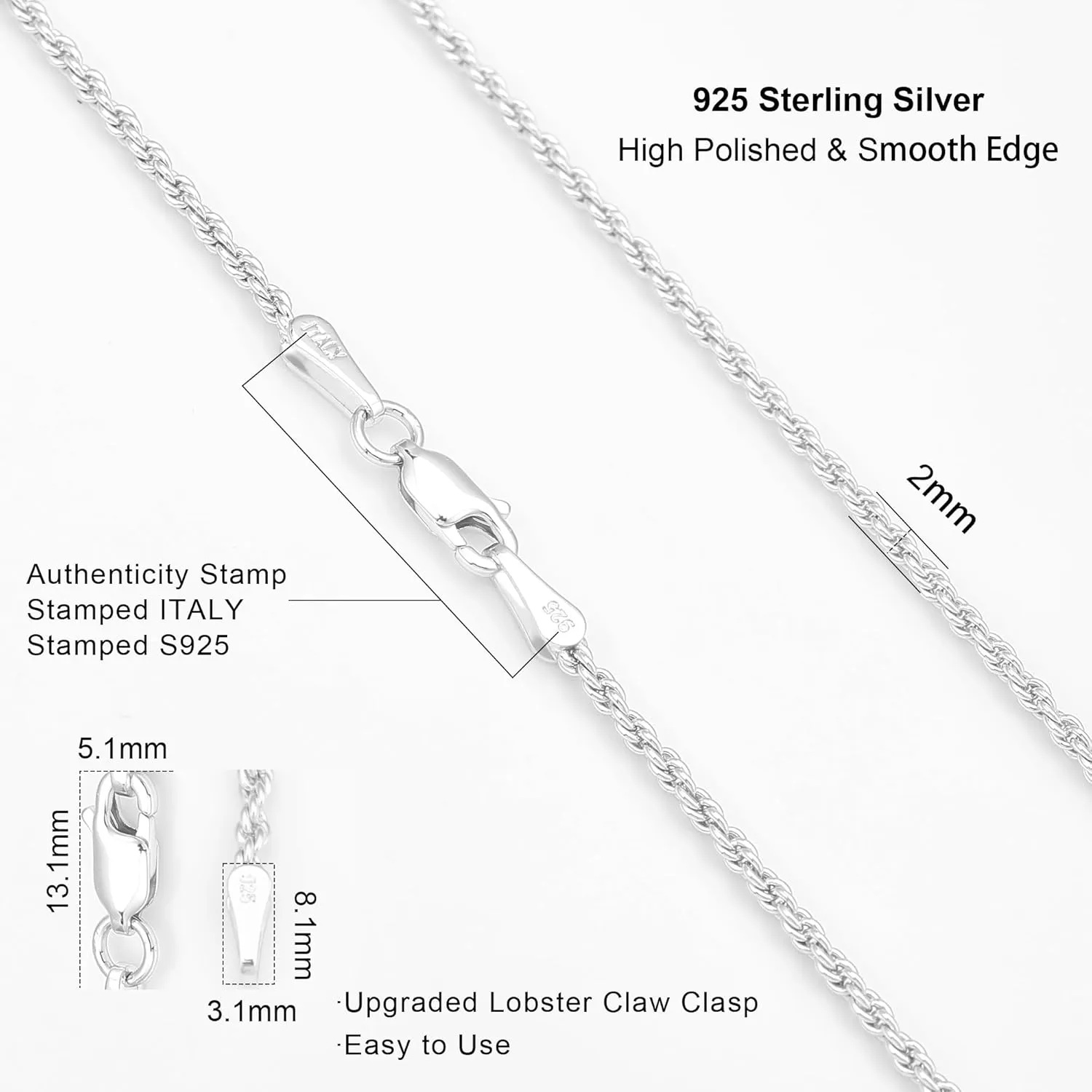 925 Sterling Silver Rope Chain Lobster Clasp 2/2.5/3/4/5mm Gold/Silver Chain for Men Women Silver Necklace Chain 16/18/20/22/24/26/30 Inches