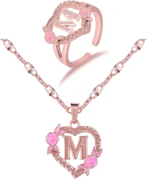 A Initial Necklaces for Girls Gold Letter M Heart Pendant Flower Necklaces Initial Rings with Rose Gift Box Set