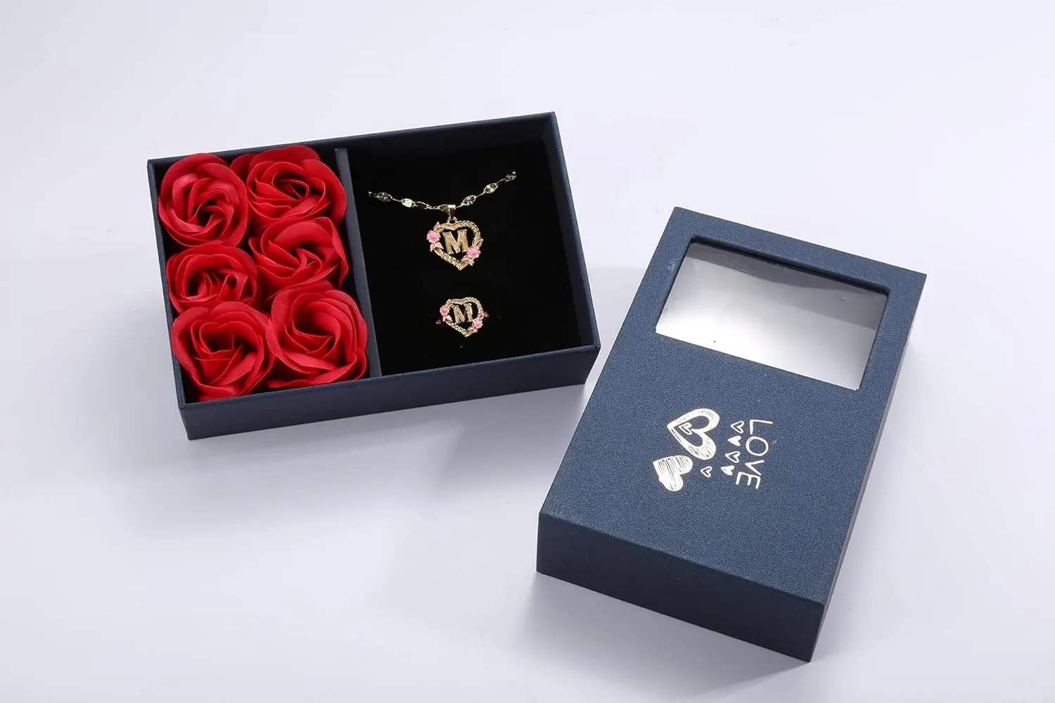 A Initial Necklaces for Girls Gold Letter M Heart Pendant Flower Necklaces Initial Rings with Rose Gift Box Set
