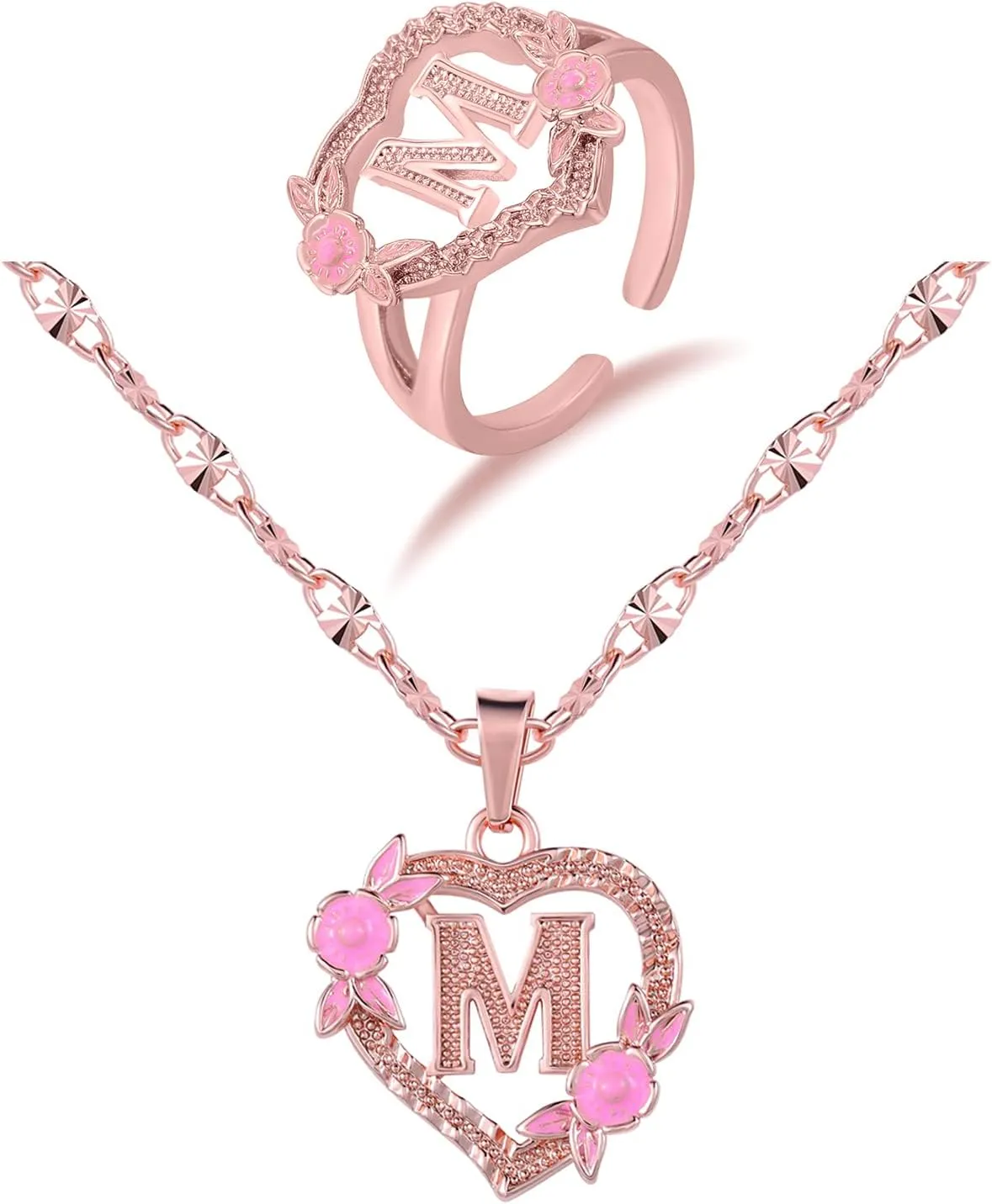 A Initial Necklaces for Girls Gold Letter M Heart Pendant Flower Necklaces Initial Rings with Rose Gift Box Set