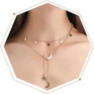 Abien Star Moon Y Necklaces Gold Layered Necklaces Boho Star Moon Pendant Long Choker Necklace for Women