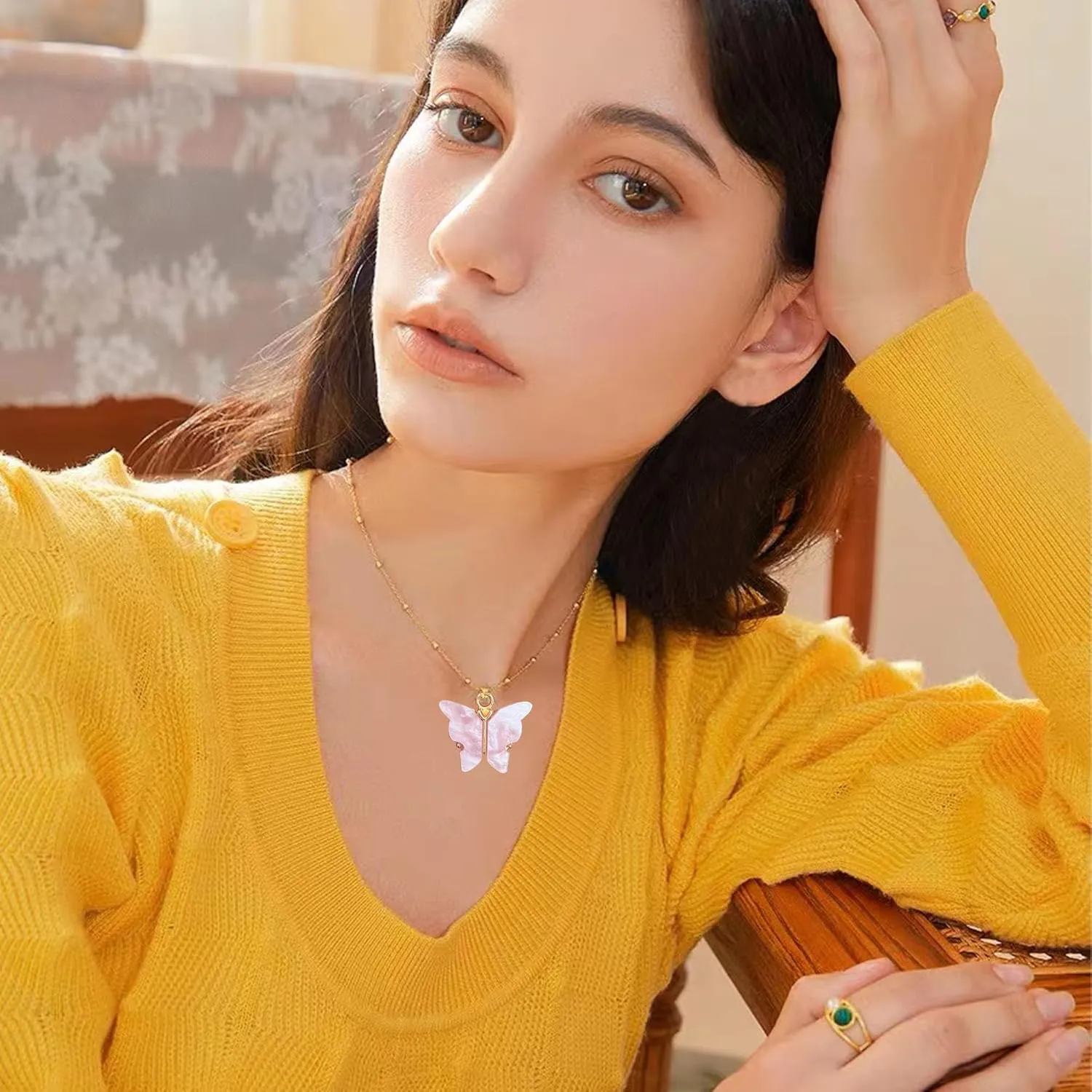 Acrylic Butterfly Hoop Huggie Earrings Alloy Colorful Butterfly Dangle Earrings for Women Necklace Set Statement Jewelry