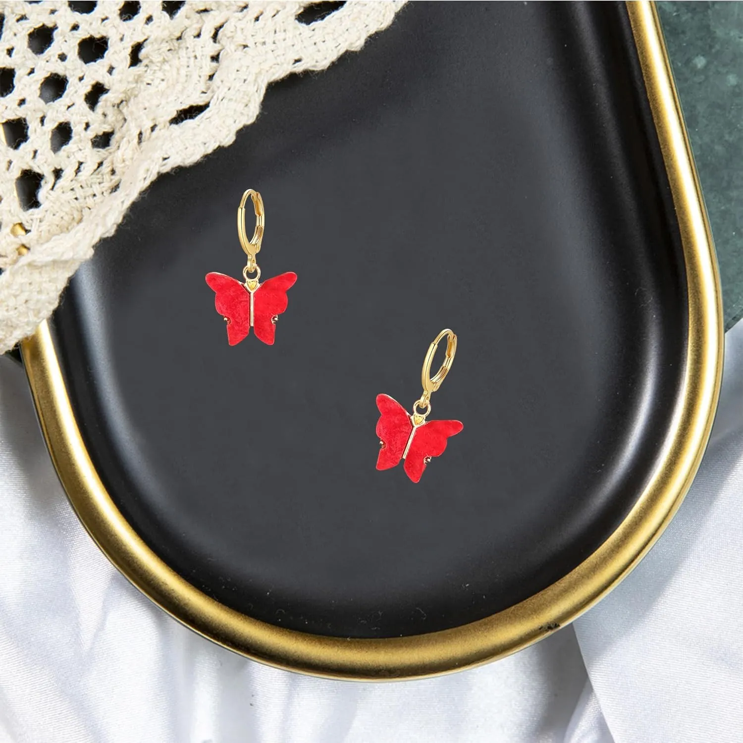 Acrylic Butterfly Hoop Huggie Earrings Alloy Colorful Butterfly Dangle Earrings for Women Necklace Set Statement Jewelry