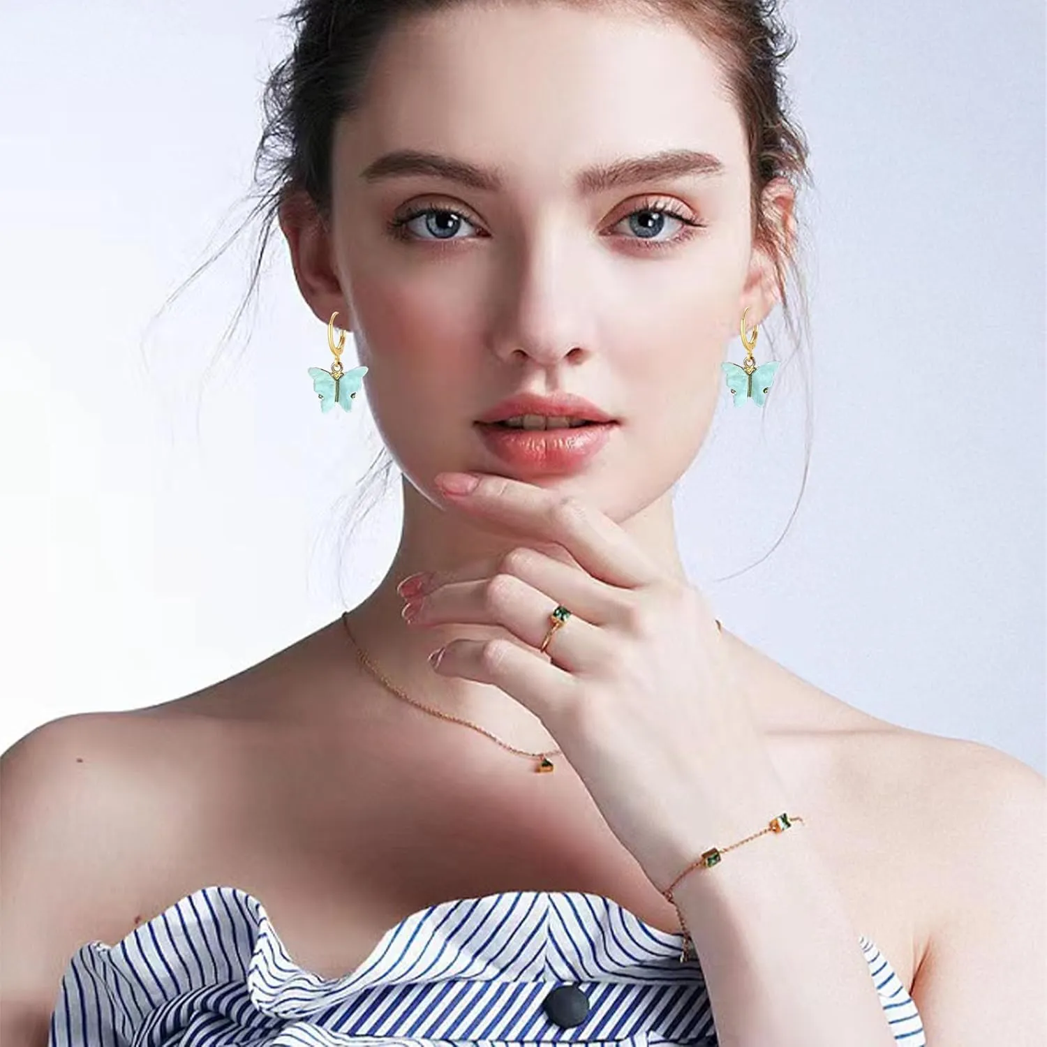 Acrylic Butterfly Hoop Huggie Earrings Alloy Colorful Butterfly Dangle Earrings for Women Necklace Set Statement Jewelry