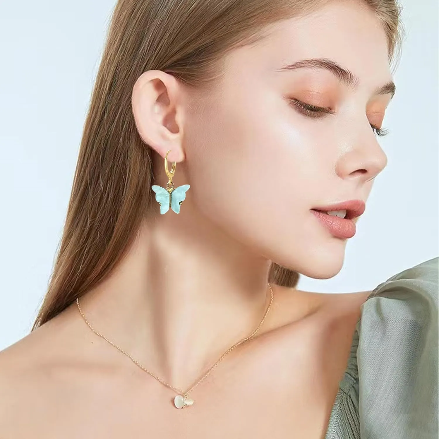 Acrylic Butterfly Hoop Huggie Earrings Alloy Colorful Butterfly Dangle Earrings for Women Necklace Set Statement Jewelry