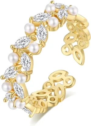 Adjustable Cubic Zirconia Pearl Finger Rings for Women Gold,Leaf Stackbale Ring.