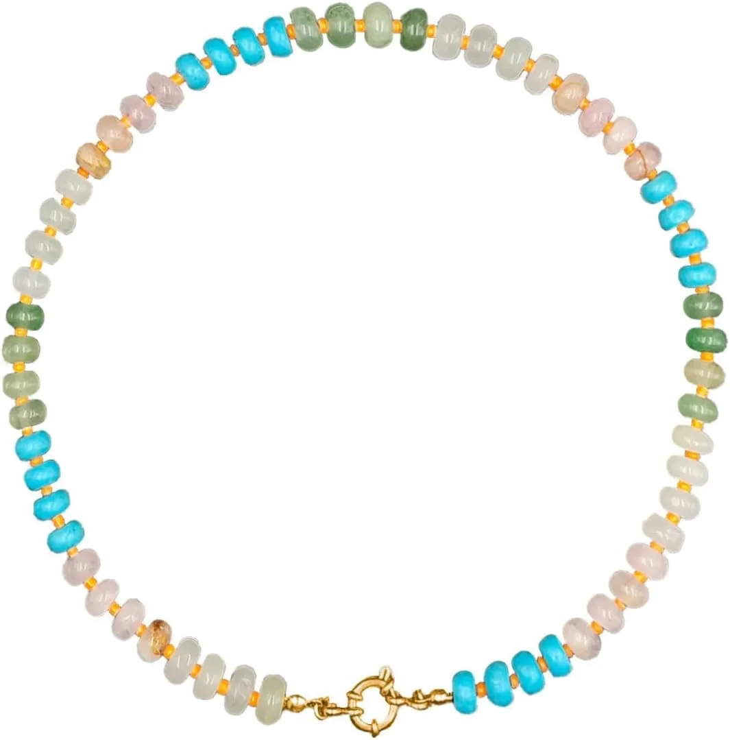 Aktully Natural Stone Beaded Necklace for Women Colorful Beads Choker Necklace Handmade Bead Necklace 14K Gold Circular Buckle Surfer Beach Necklace Summer Jewelry for Women