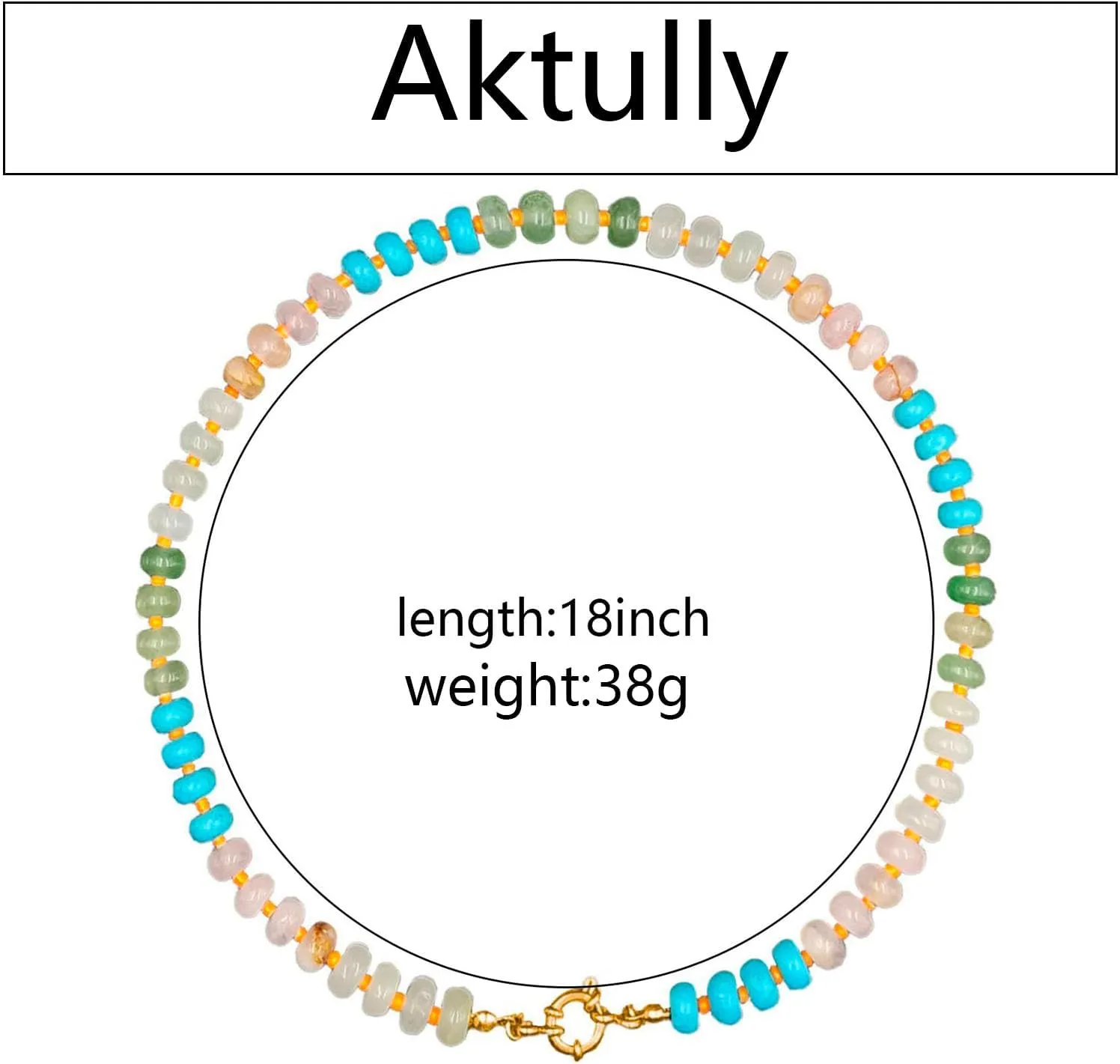 Aktully Natural Stone Beaded Necklace for Women Colorful Beads Choker Necklace Handmade Bead Necklace 14K Gold Circular Buckle Surfer Beach Necklace Summer Jewelry for Women