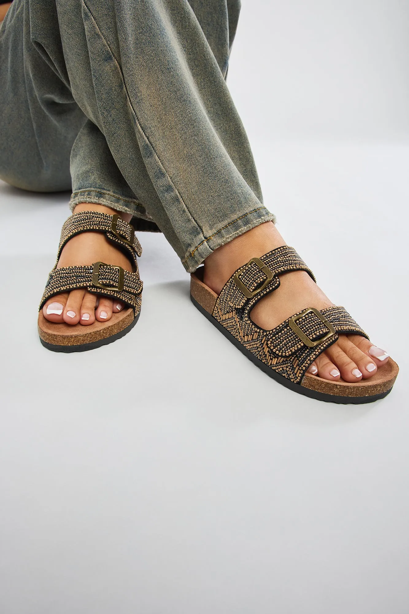 Alina Beaded Flat Sandals - Gold