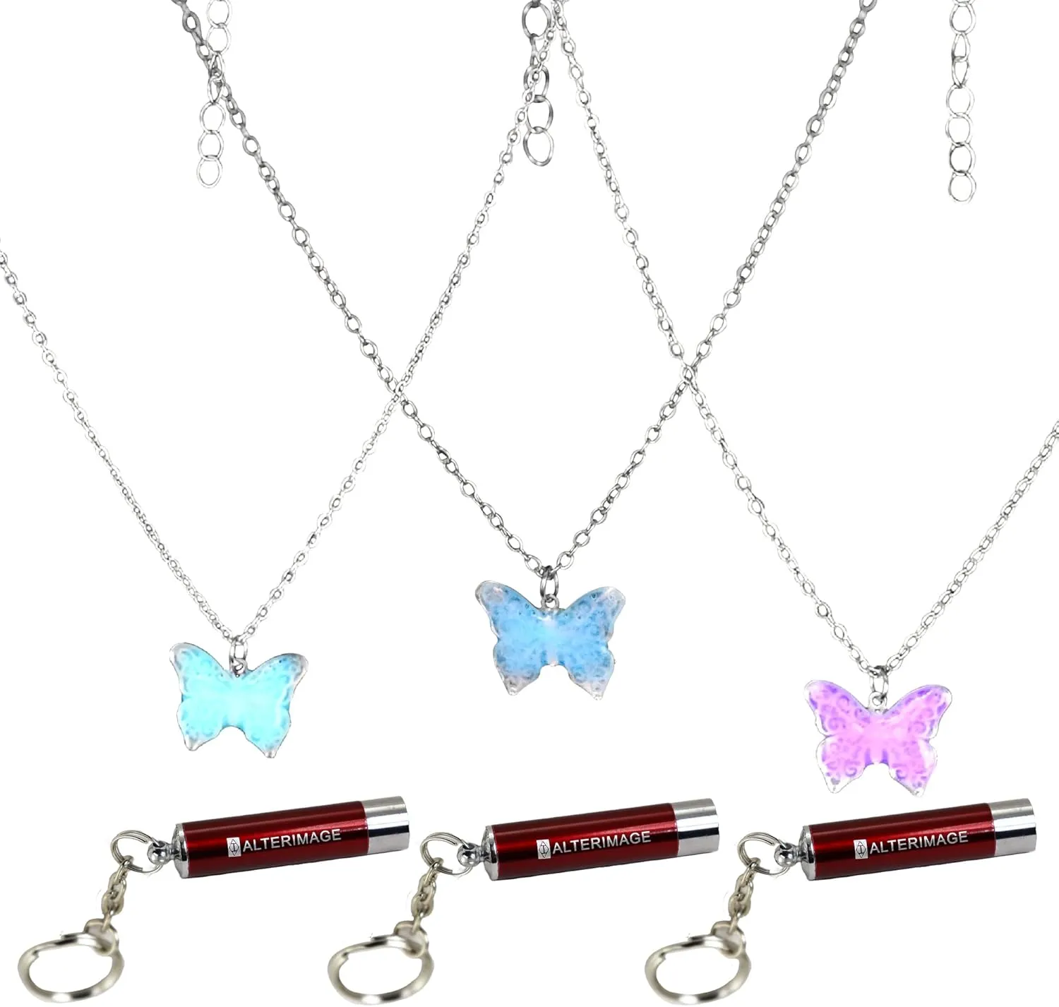 AlterImage Captivating Butterfly Glow in The Dark Necklaces 3 Pack Green Blue & Purple Includes 3 UV Lights