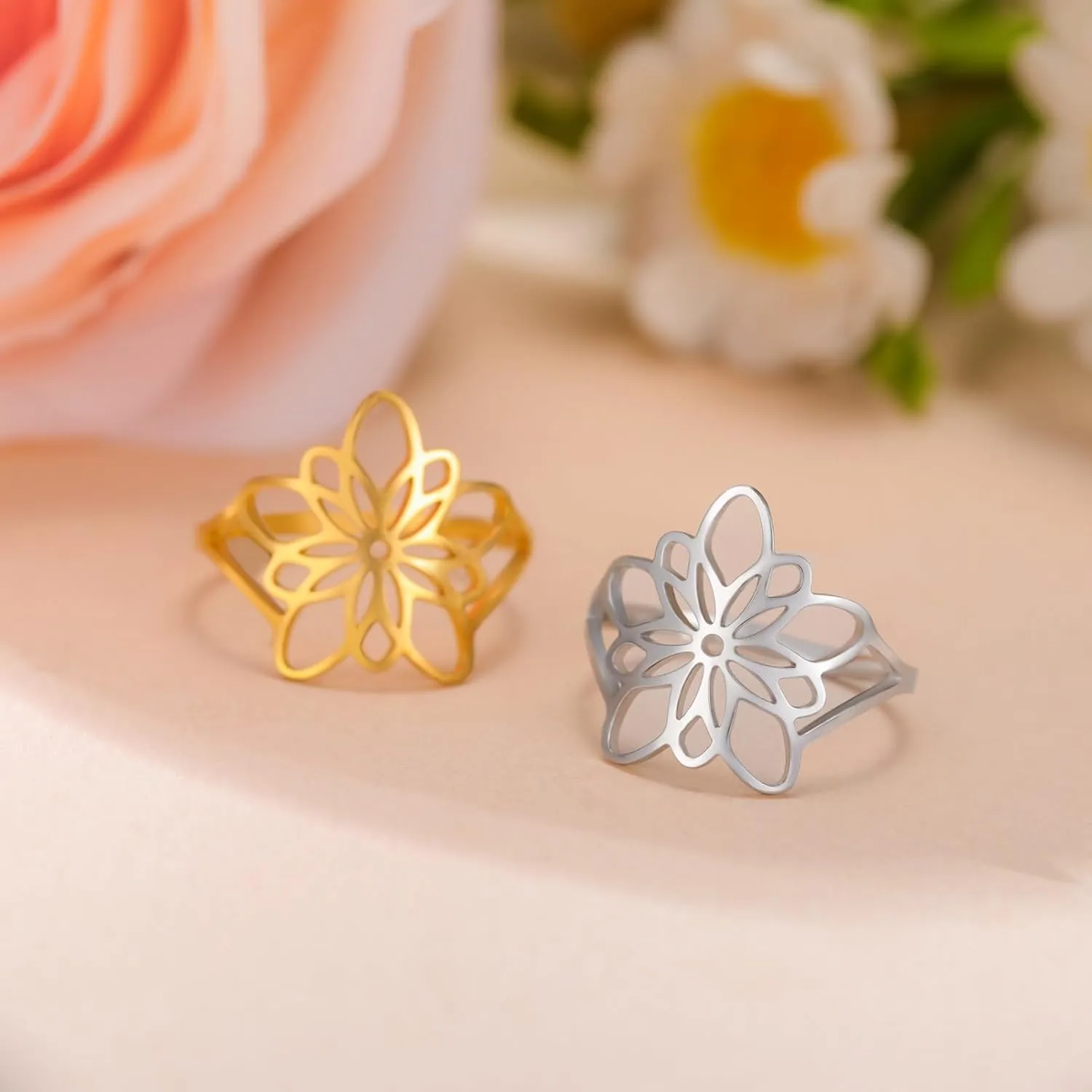 Amaxer Bohemian Filigree Flower Ring for Women Stainless Steel Cute Casual Finger Rings
