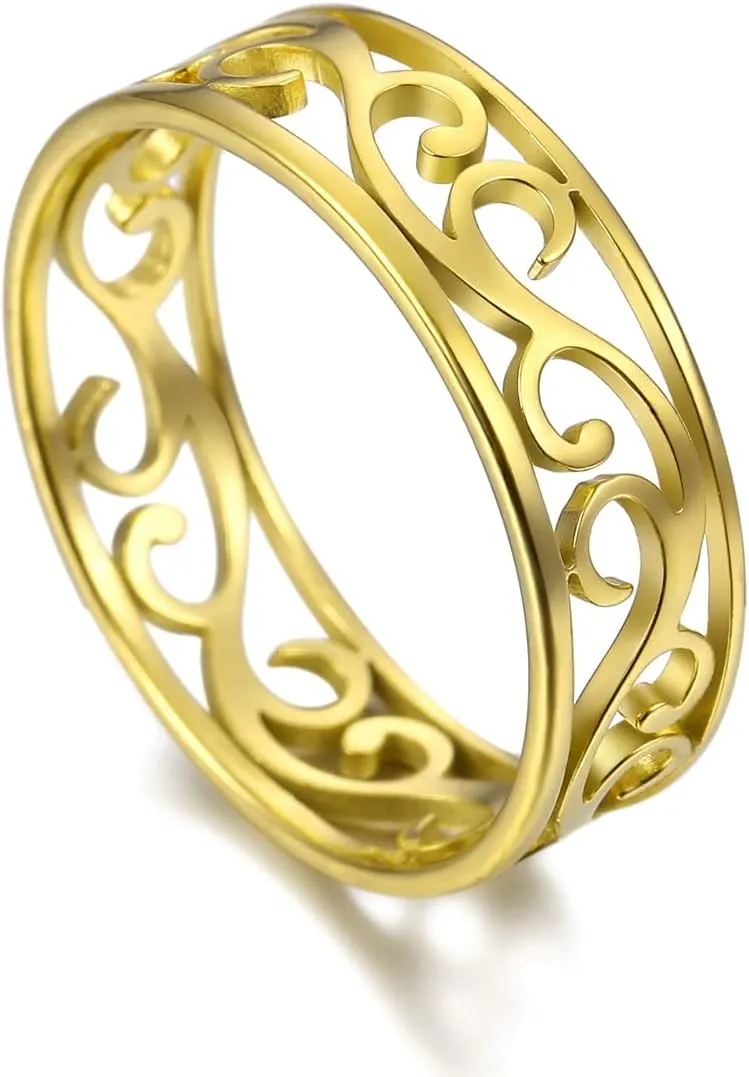 Amaxer Vintage Filigree Flower Ring Women Stainless Steel Romantic Rose Casual Rings Jewelry for Lady