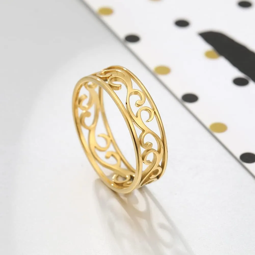 Amaxer Vintage Filigree Flower Ring Women Stainless Steel Romantic Rose Casual Rings Jewelry for Lady
