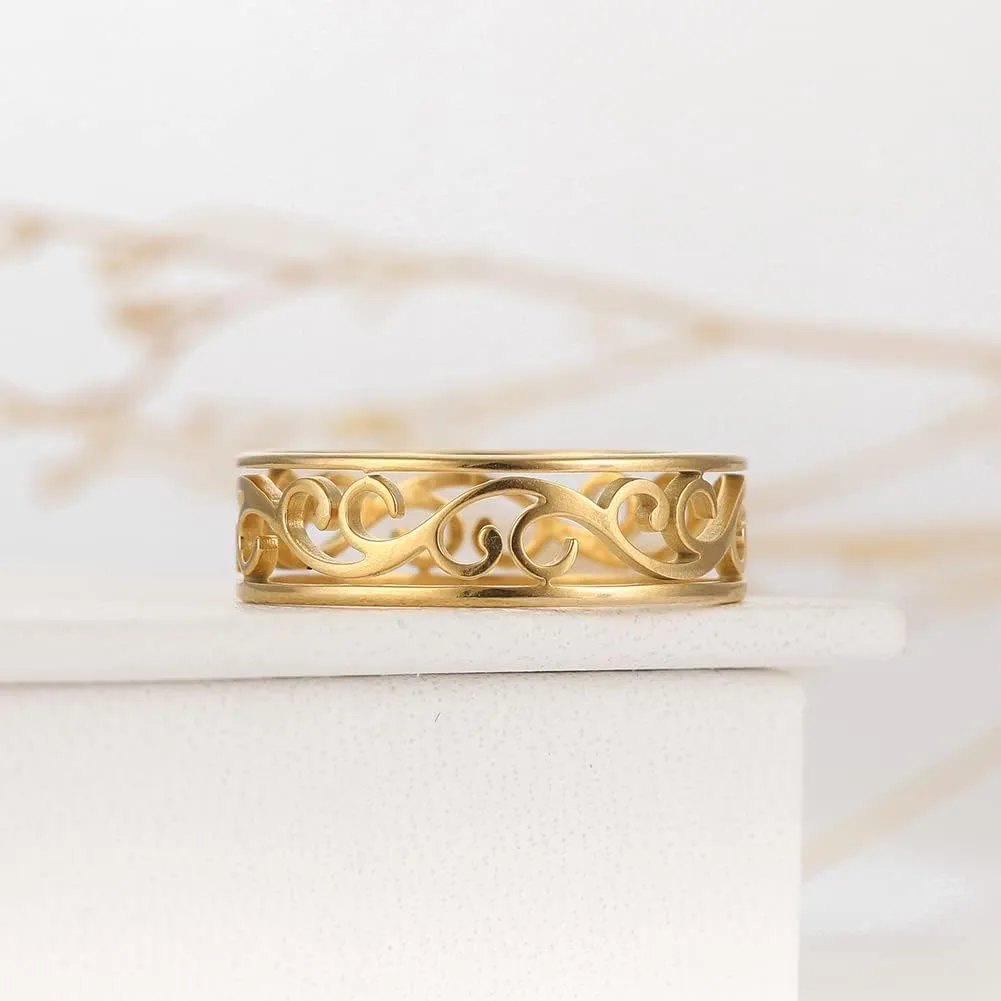 Amaxer Vintage Filigree Flower Ring Women Stainless Steel Romantic Rose Casual Rings Jewelry for Lady