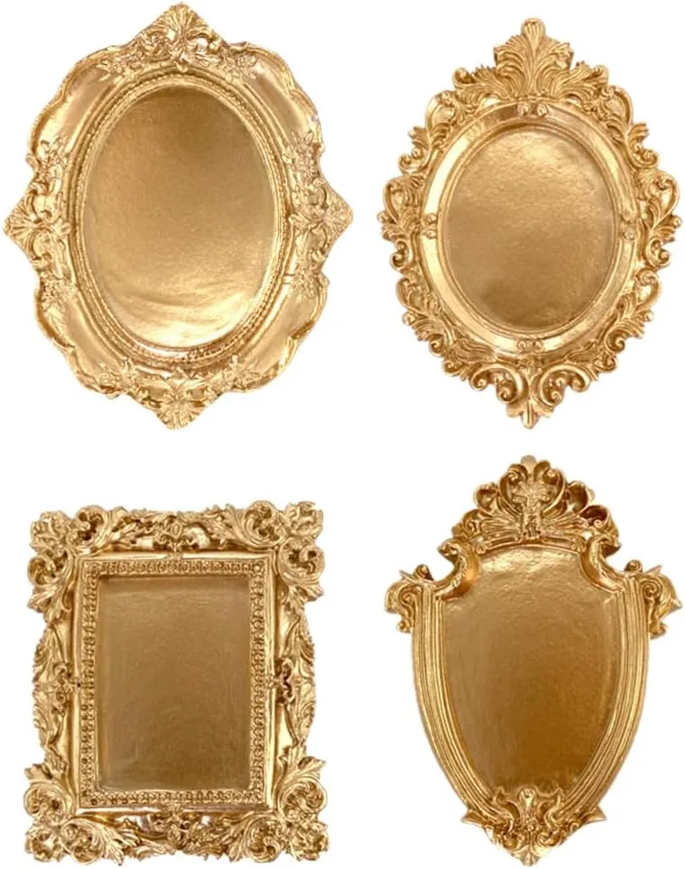 Amosfun 4pcs Vintage European Jewelry Plate Ring Dish Baroque Resin Vanity Jewelry Tray Table Candlestick Plate Golden