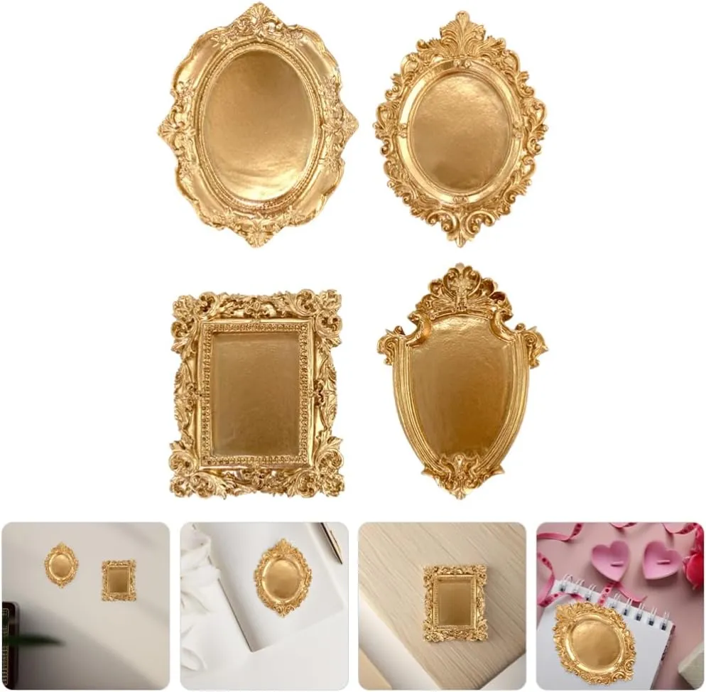 Amosfun 4pcs Vintage European Jewelry Plate Ring Dish Baroque Resin Vanity Jewelry Tray Table Candlestick Plate Golden
