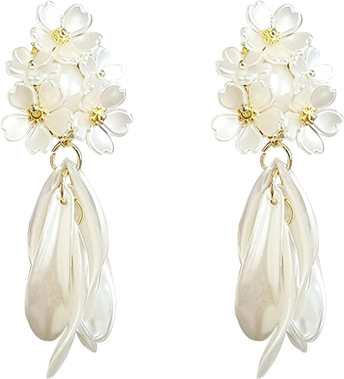 Anmpab White Magnolia Blossom Flowers Cluster Tassel Stud Earrings for Women Statement Long Flower Dangle Drop Earrings Wedding Jewelry