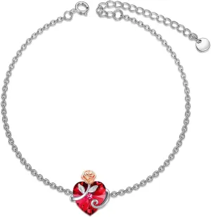 AOBOCO Rose Flower Bracelet for Women Sterling Silver Jewelry with Heart Birthstone Crystal Mothers Day Gifts for Mom Grandma Friends