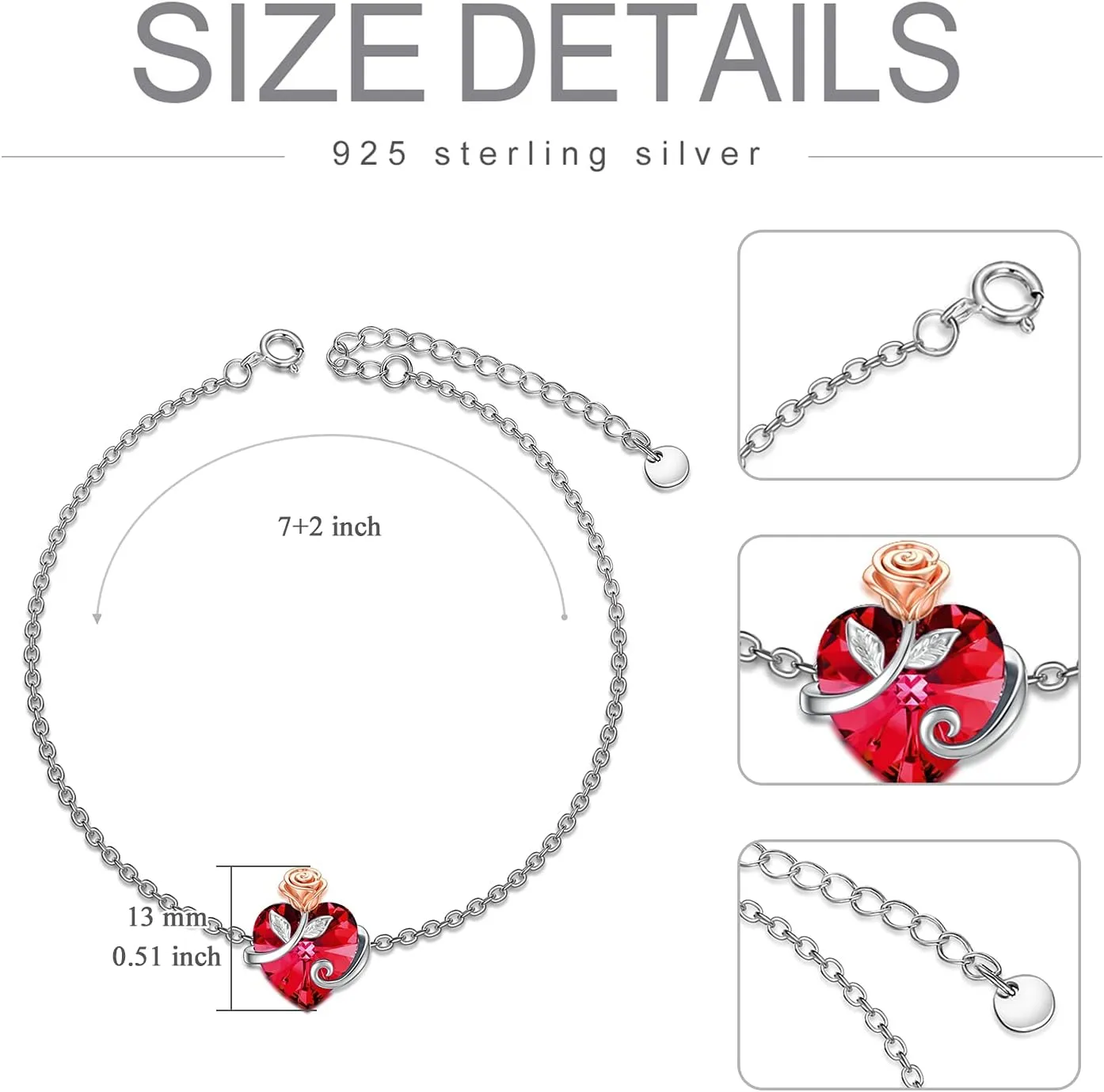 AOBOCO Rose Flower Bracelet for Women Sterling Silver Jewelry with Heart Birthstone Crystal Mothers Day Gifts for Mom Grandma Friends