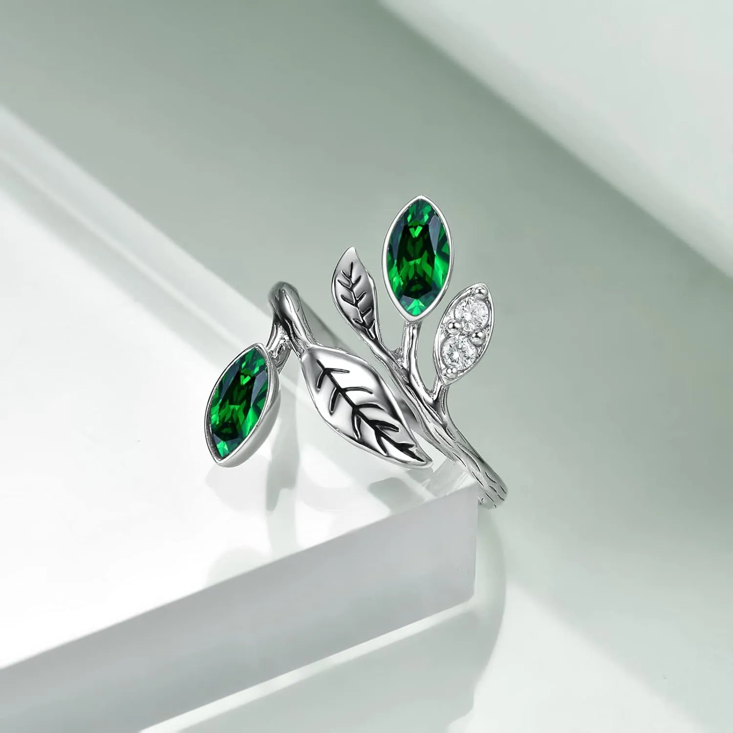 AOBOCO Sterling Silver Leaf Rings Jewelry, CZ Chakra Tree Jewelry Gifts for Women Christmas Holiday Gifts Adjustable ring dimensions(6# to 9#)