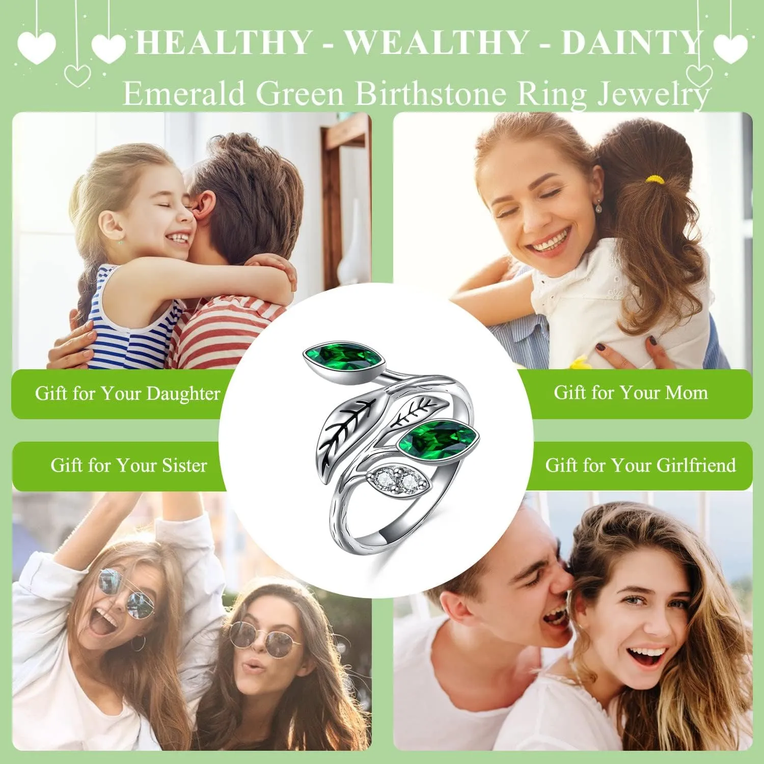 AOBOCO Sterling Silver Leaf Rings Jewelry, CZ Chakra Tree Jewelry Gifts for Women Christmas Holiday Gifts Adjustable ring dimensions(6# to 9#)