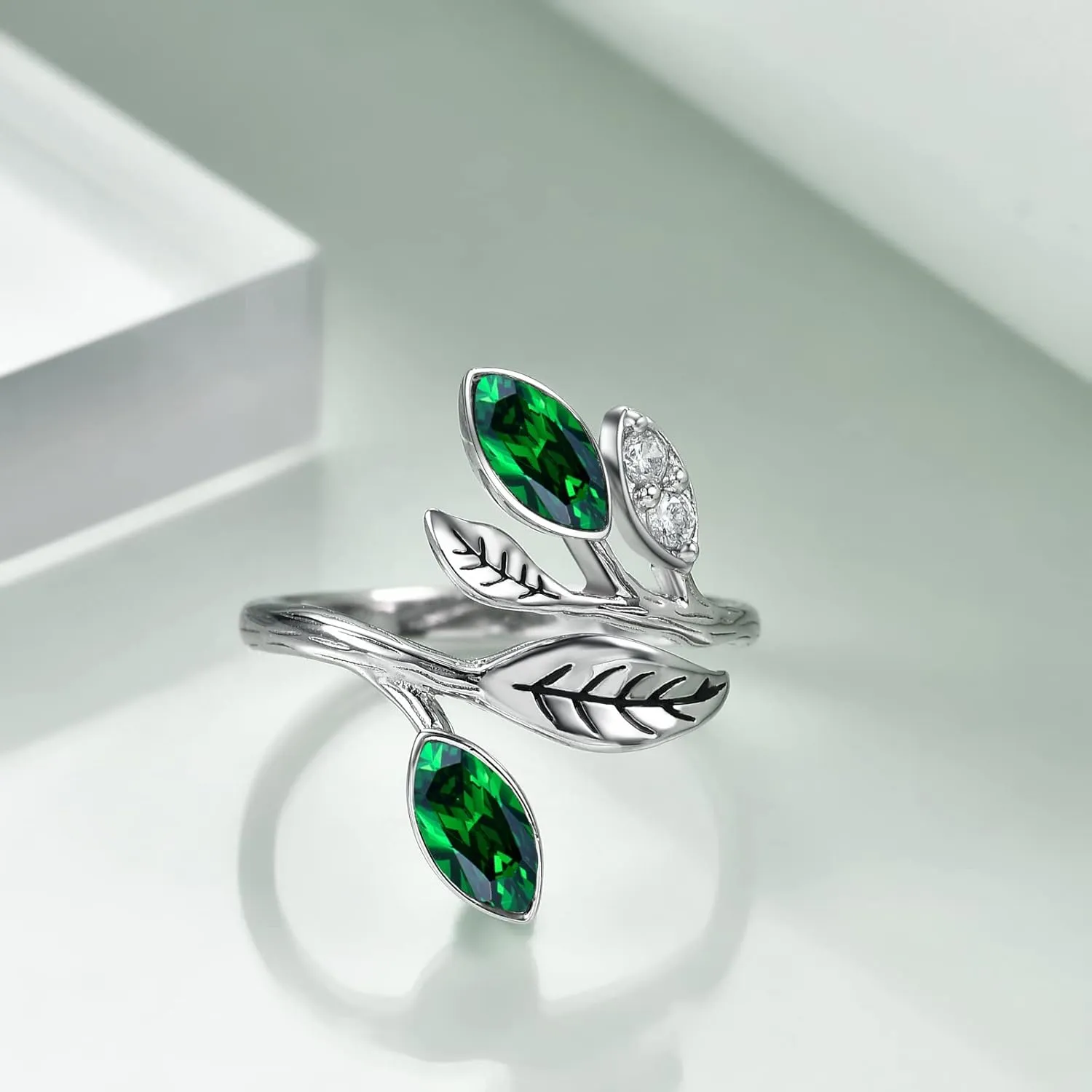 AOBOCO Sterling Silver Leaf Rings Jewelry, CZ Chakra Tree Jewelry Gifts for Women Christmas Holiday Gifts Adjustable ring dimensions(6# to 9#)