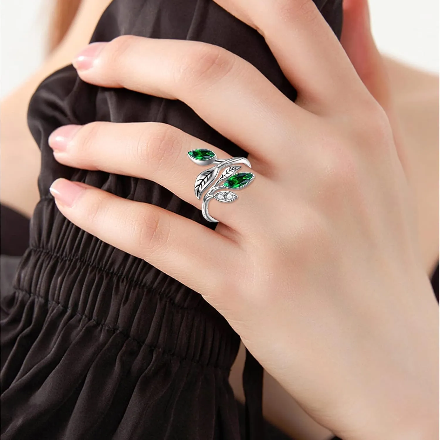 AOBOCO Sterling Silver Leaf Rings Jewelry, CZ Chakra Tree Jewelry Gifts for Women Christmas Holiday Gifts Adjustable ring dimensions(6# to 9#)