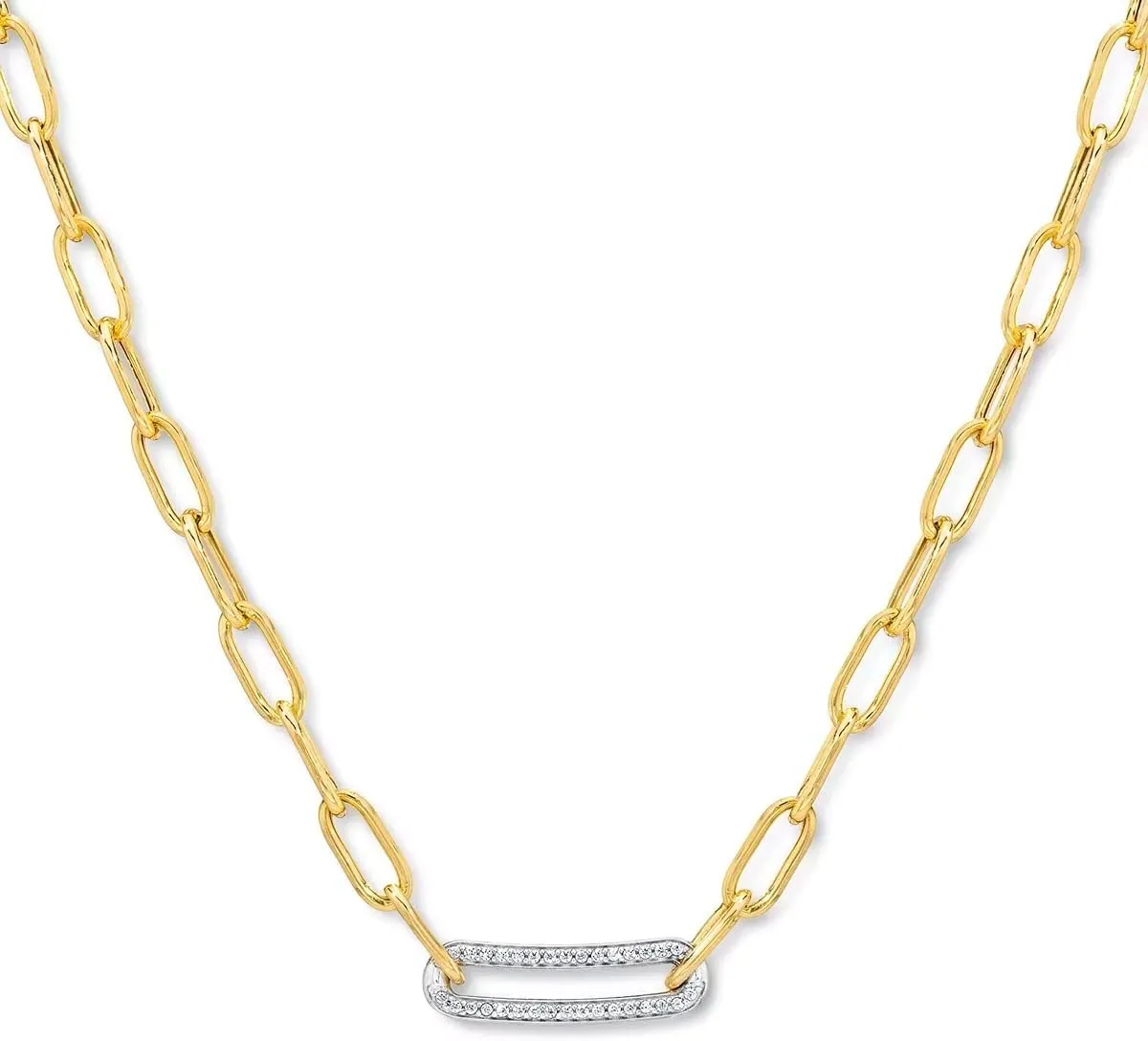 AVELI 18k Gold Plated Lab Created Diamond Bar Necklace on Paperclip Link Chain - Elegant Minimalist Design Women's Jewelry with Sparkling Diamonds, Hypoallergenic Fashion Accessory