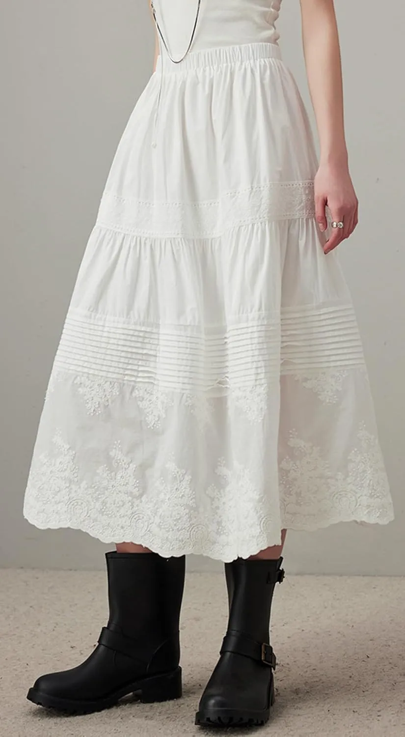 Babalet 2025 Romantic Lace Cut-Out Maxi Skirt for Women Long Skirt Floral Lace Mesh Summer Embroidery Eyelet Maxi Skirt