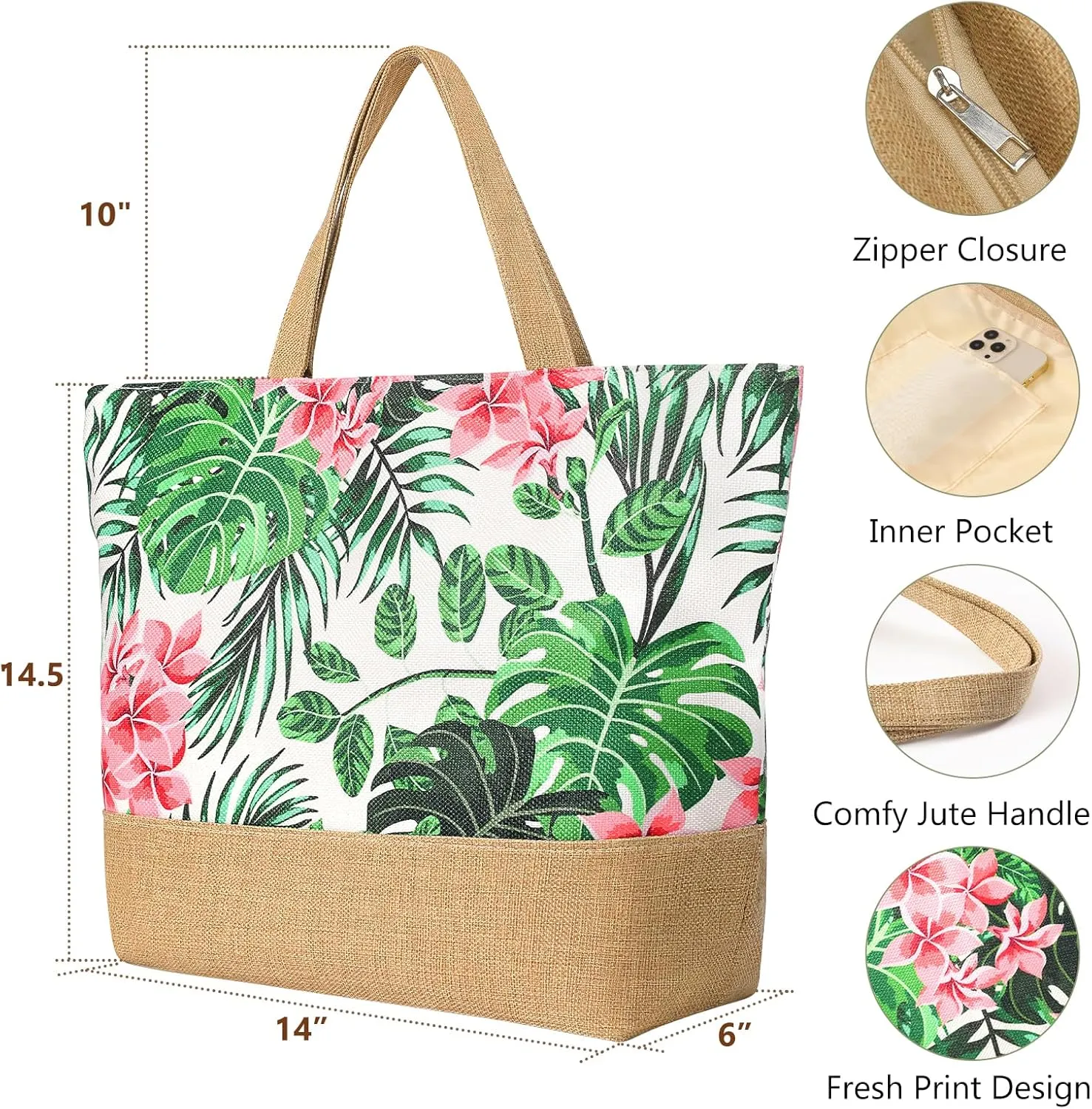 Beach Bag for Women, Large Beach Tote Bags with Zipper, Woven Straw Tote Waterproof, Swim Gym Shopping Travel Bag