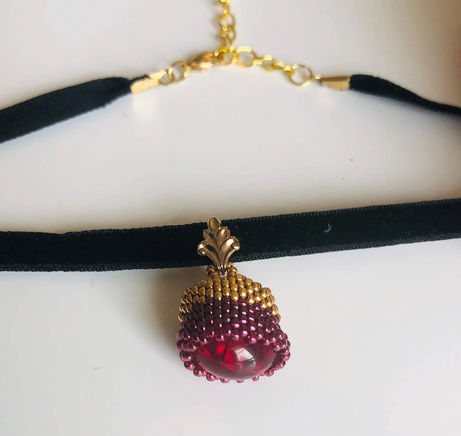 Black Velvet Choker Necklace Raspberry Red and Gold Fruit Beadwoven Gold Plated Pendant Autumn Fall Harvest