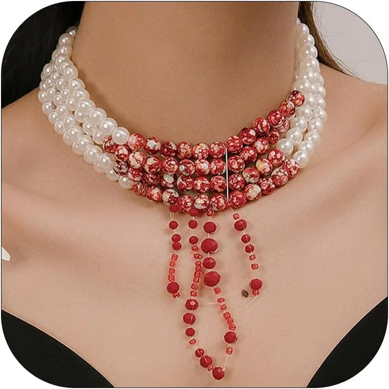 Blood Pearl Choker Necklace for Women Dripping Blood Imitation Pearl Choker Neckalce Gothic Vampire Neckalce Layered Pearl Choker Necklace for Halloween Party Costume Accessories