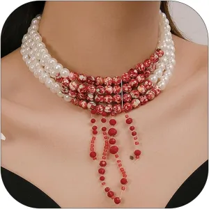 Blood Pearl Choker Necklace for Women Dripping Blood Imitation Pearl Choker Neckalce Gothic Vampire Neckalce Layered Pearl Choker Necklace for Halloween Party Costume Accessories