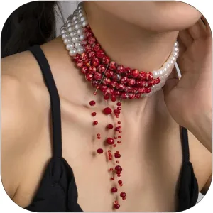 Blood Pearl Necklace for Women Dripping Blood Imitation Pearl Choker Neckalce Gothic Halloween Neckalce Layered Pearl Choker Necklace for Vampire Party Costume Accessories