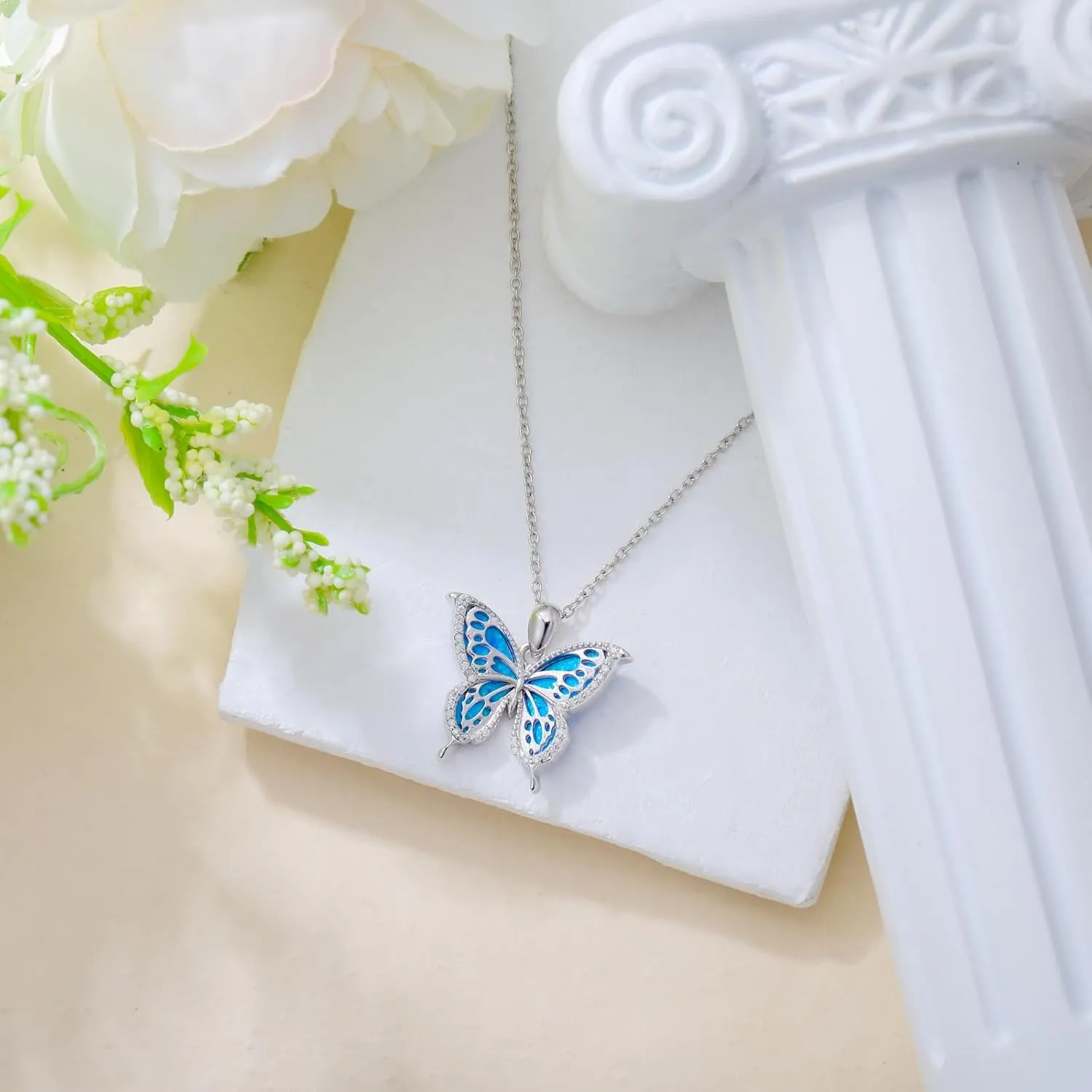 Blue Butterfly Necklace Sterling Silver Dainty Cute Butterfly Pendant Necklace S925 Butterfly Charm Jewelry Gift for Women